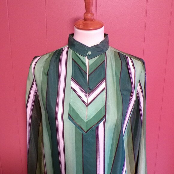 WILROY TRAVELLER Women's Retro 1970/1980 Style Satin Green & White Striped Shirt - Picture 2 of 8